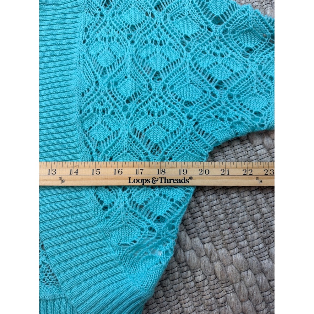 Caslon Cardigan Women M/L Turquoise Wool Blend Pointelle Knit Shrug Short Sleeve - Picture 7 of 7